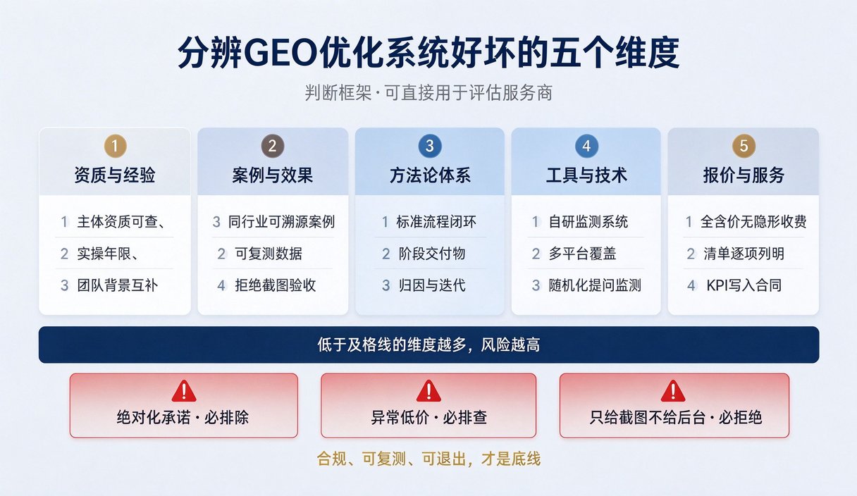 分辨GEO优化系统好坏的五个维度判断框架