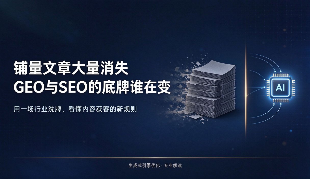 传统SEO与GEO的区别示意图：铺量解决的是被搜到，GEO解决的是被引用，两者在AI时代命运截然不同
