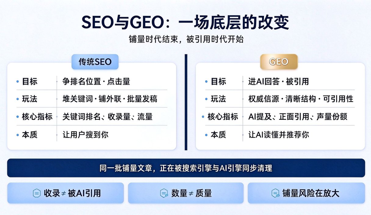 传统SEO与GEO的区别:铺量解决的是"被搜到",GEO解决的是"被引用"