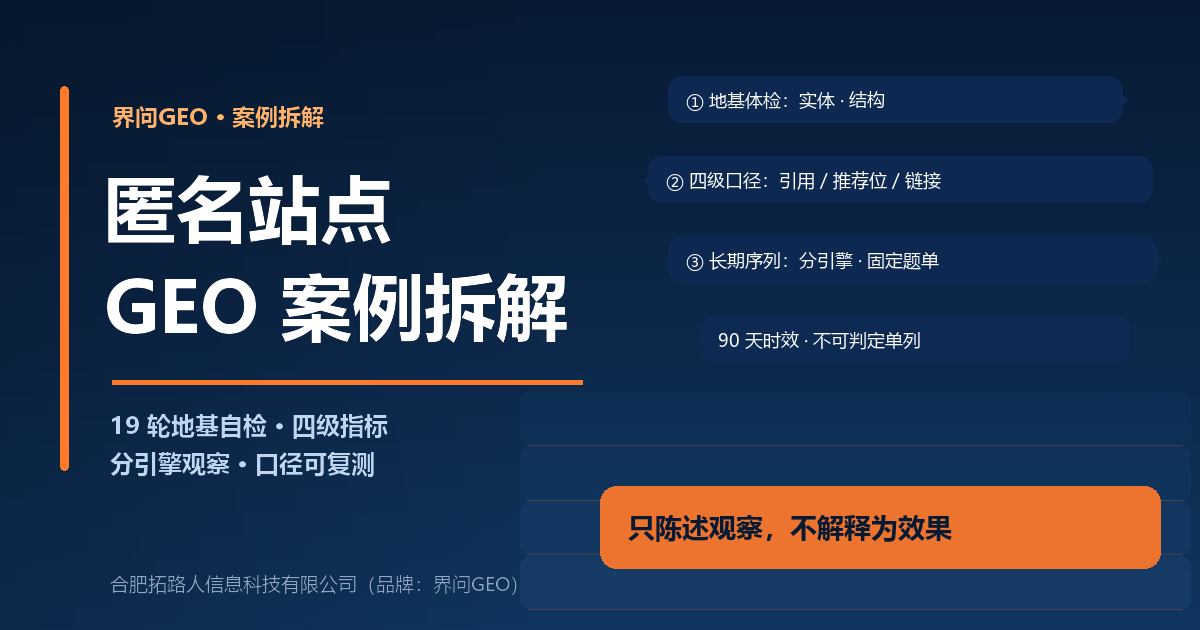 界问GEO案例拆解封面：深蓝科技风，一个匿名站点的 GEO 案例拆解，标注 19 轮地基自检、四级指标、按引擎观察，结论条为只陈述观察不解释为效果