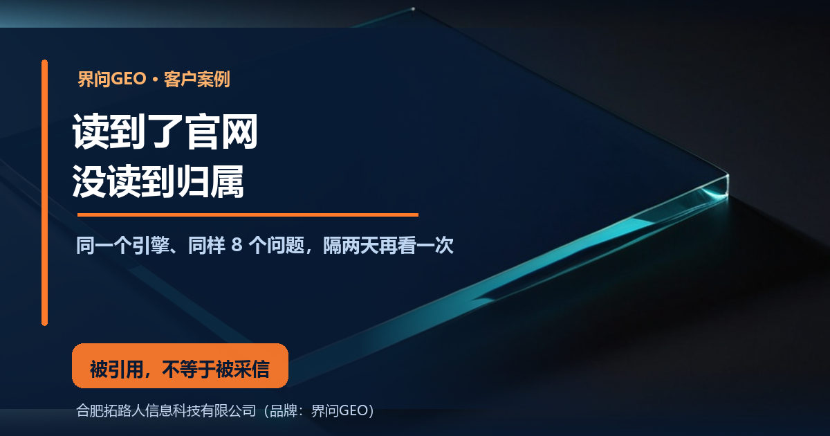 界问GEO客户案例封面:深蓝科技风底图,右侧一块深色玻璃面板斜放在台面上、边缘透出青色光,左侧深蓝遮罩上主标题写着 读到了官网,副标题写着 没读到归属,橙色结论条写着 被引用,不等于被采信