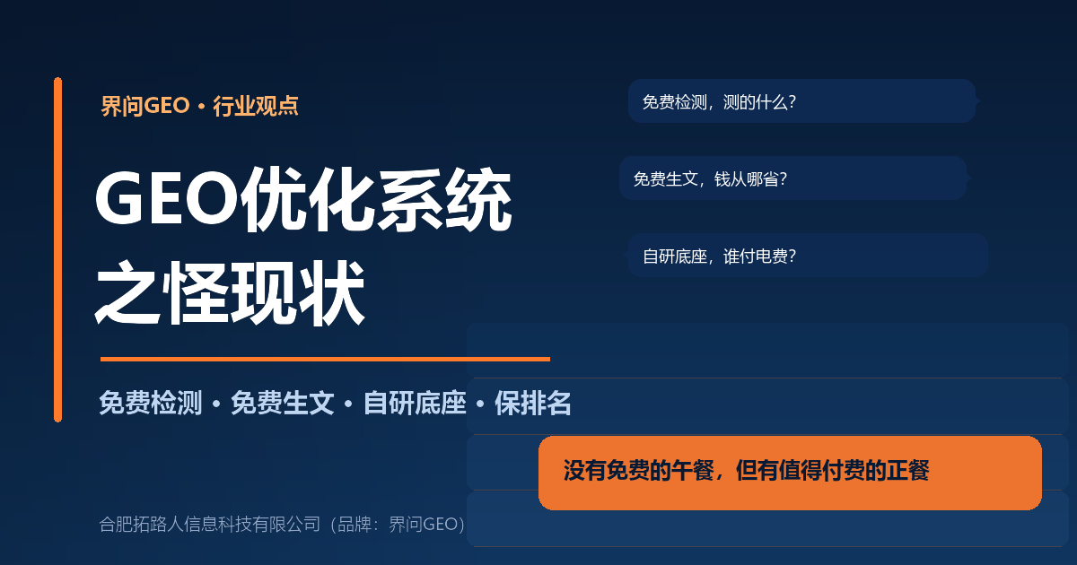 界问GEO行业观点封面:深蓝科技风,GEO优化系统之怪现状,免费检测、免费生文、自研底座、保排名四组关键词,配橙色结论条没有免费的午餐但有值得付费的正餐