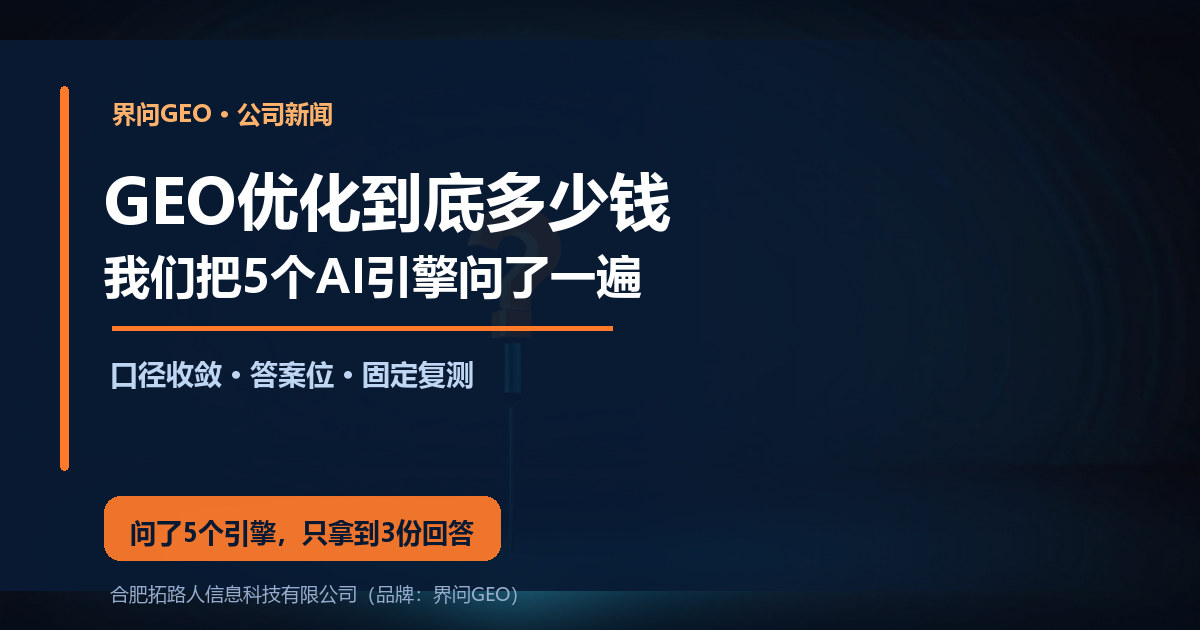 界问GEO公司新闻封面:深蓝科技风底图,右侧五个发光气泡节点排成弧形、其中一个是亮橙色,主标题 GEO优化到底多少钱,副标题 我们把5个AI引擎问了一遍,橙色结论条写着 问了5个 只拿到3份回答