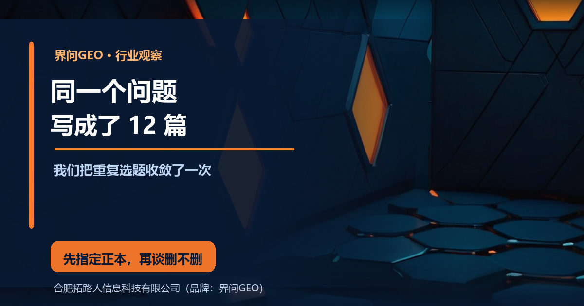 界问GEO行业观察封面:深蓝科技风底图,右侧一排十二个渐次变暗的门框向纵深排开、只有最前面一个是亮橙色,左侧深蓝遮罩上主标题写着 同一个问题,12 篇,副标题写着 收敛成一份正本,橙色结论条写着 先指定正本,再谈删不删